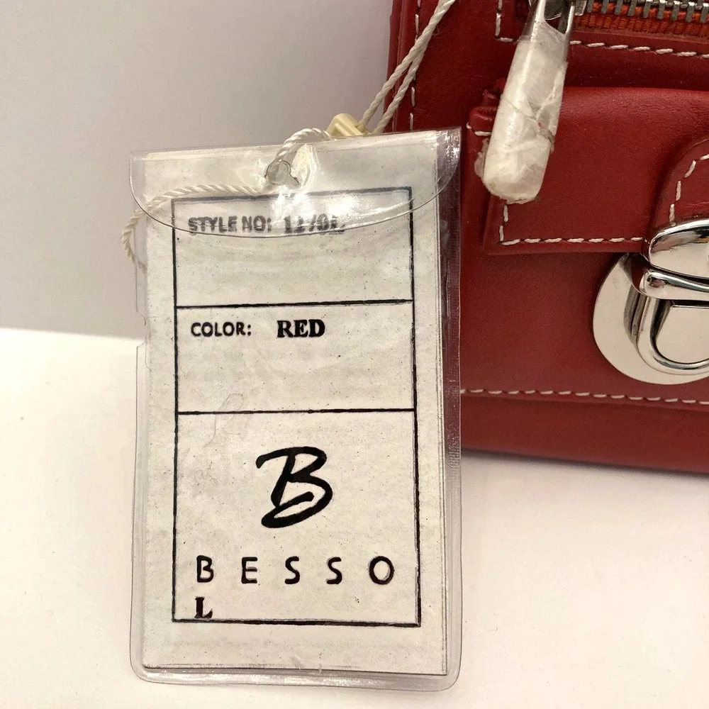 NWT Besso Red‎ Leather Wallet Double Clasp Pockets Zip Top Contrast Stitching